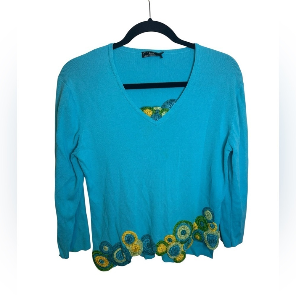 Lisa International Vintage Blue Crochet Hem Y2K Sweater